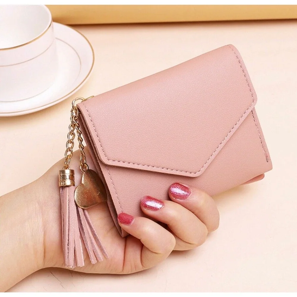 Womens Pink Trifold Wallet Faux Leather Card Holder Cash ID Heart Tassel